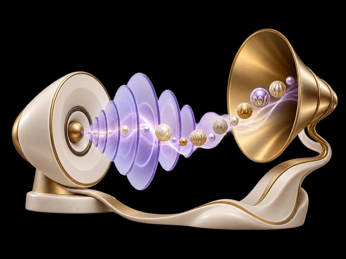 Concept illustration: an ivory speaker and layered lilac glass sound waves beside a brass listening horn, small sculptural pronunciation beads follow a clear streaming path, Indian-language TTS concept without script characters.