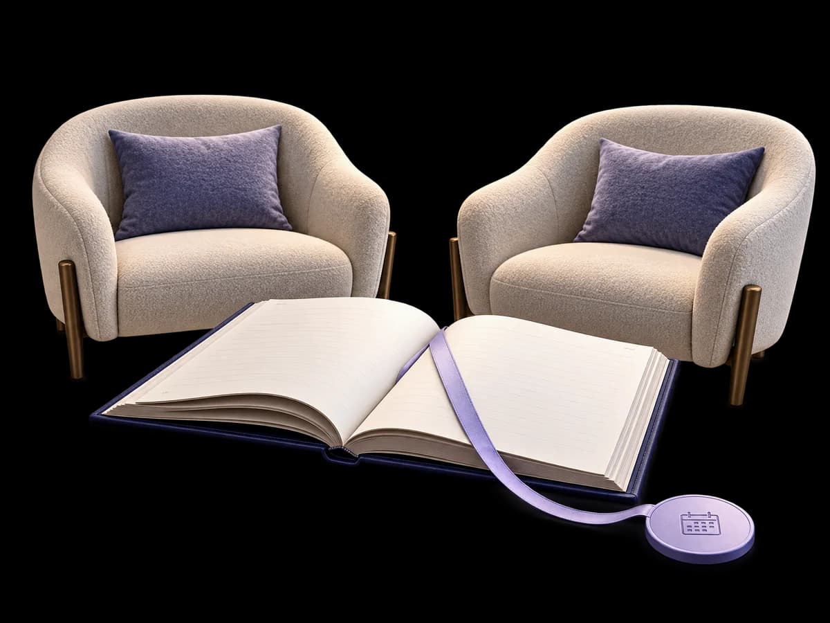 Concept illustration of an admissions counselling space with an open course prospectus, two chairs and an appointment token.