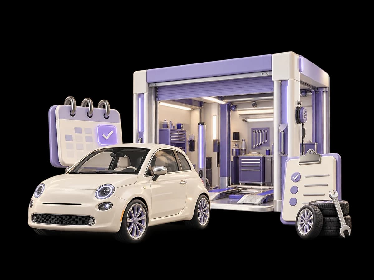 Concept illustration of an ivory car miniature, lavender service bay and appointment clipboard.