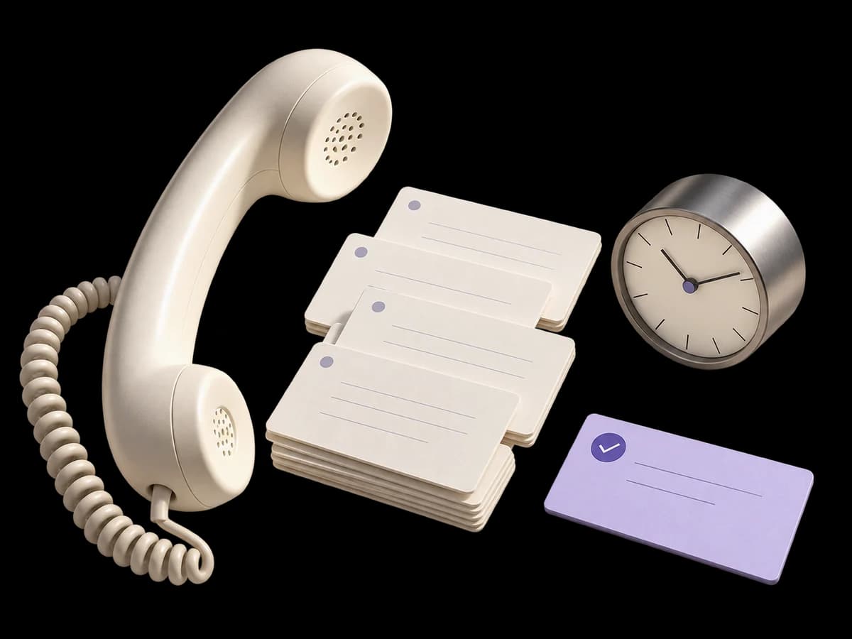 Concept illustration of a telephone, enquiry cards, clock and a lavender completed-task card.