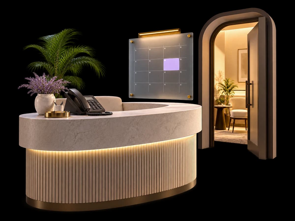 Concept illustration of a freestanding clinic reception desk with a telephone, appointment calendar and consultation doorway.