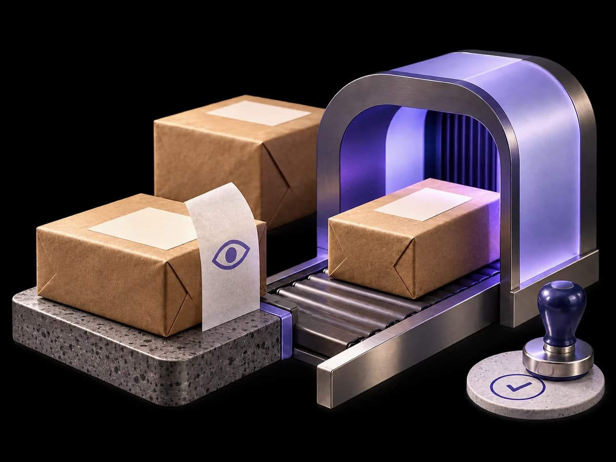 Concept illustration of cash-on-delivery parcels at a dispatch gate, with an order slip and confirmation stamp.