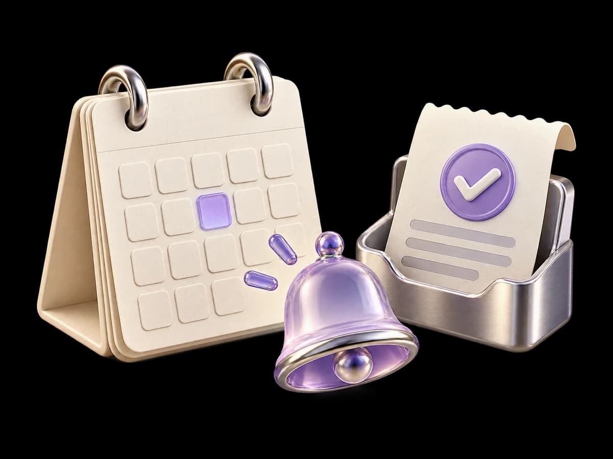 Concept illustration of a due-date calendar, verified payment receipt and lavender reminder bell.