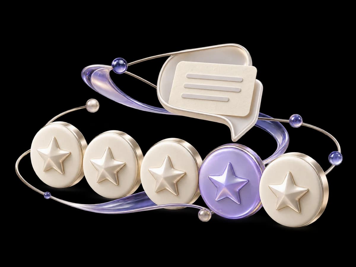 Concept illustration of freestanding rating discs, a lavender selected disc and an open customer comment bubble.