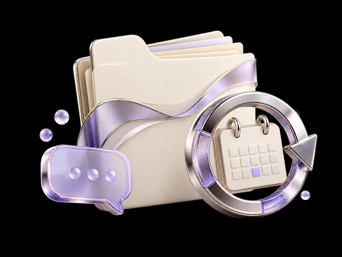 Concept illustration of an ivory policy folder, renewal-date ring and lavender advisor conversation bubble.
