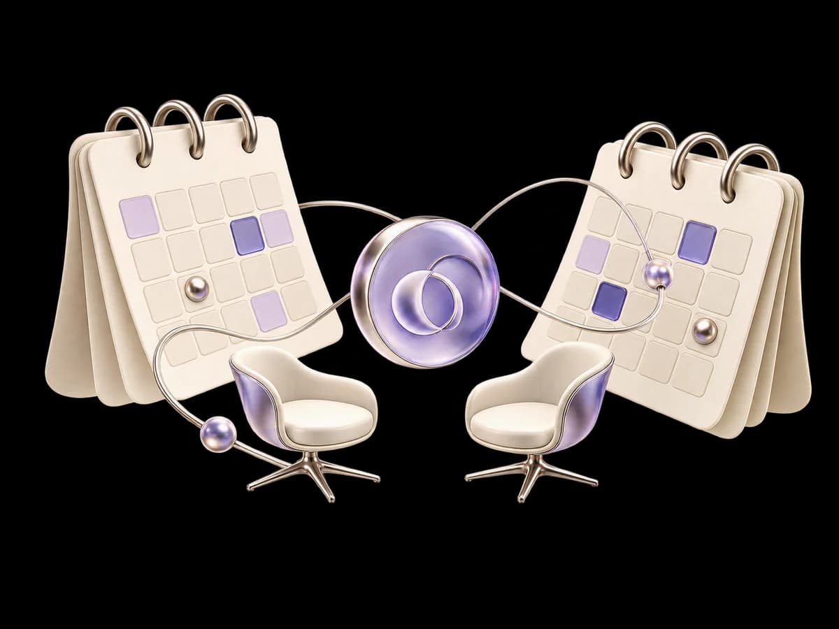Concept illustration of two aligned calendar panels, a lavender meeting token and two empty interview chairs.