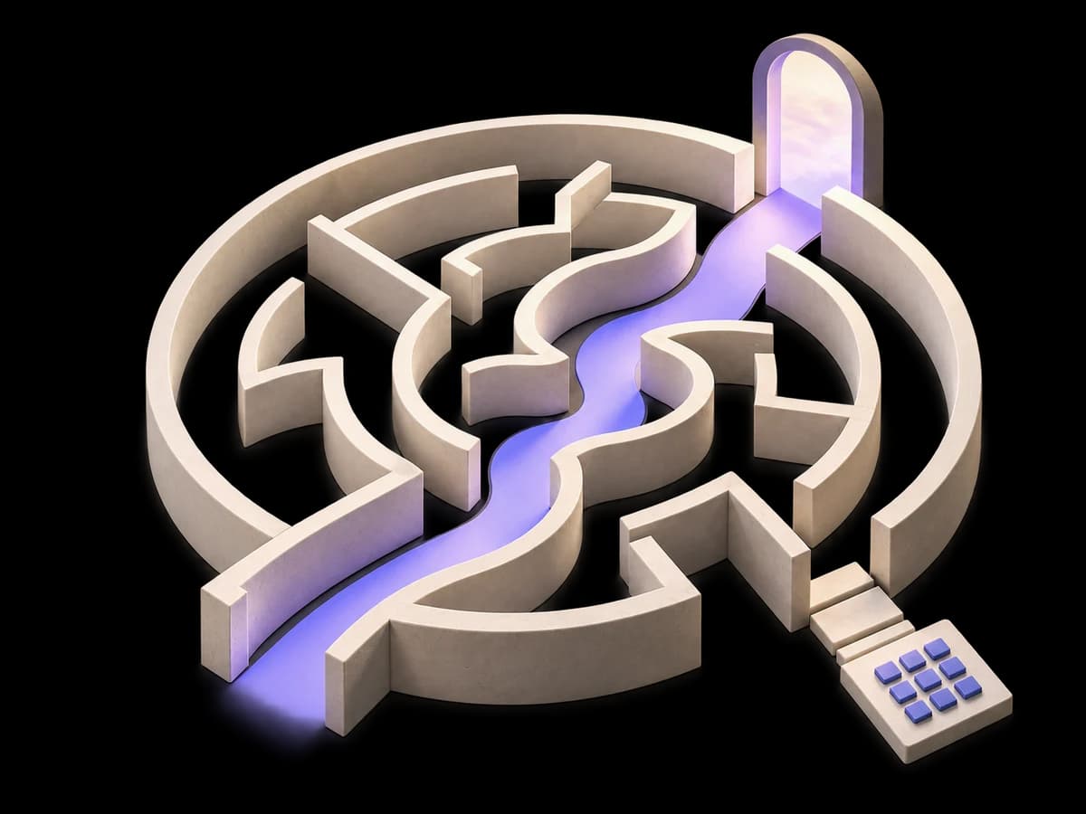 Concept illustration of a lavender route through an ivory maze to an open exit, with a keypad providing an alternative call path.