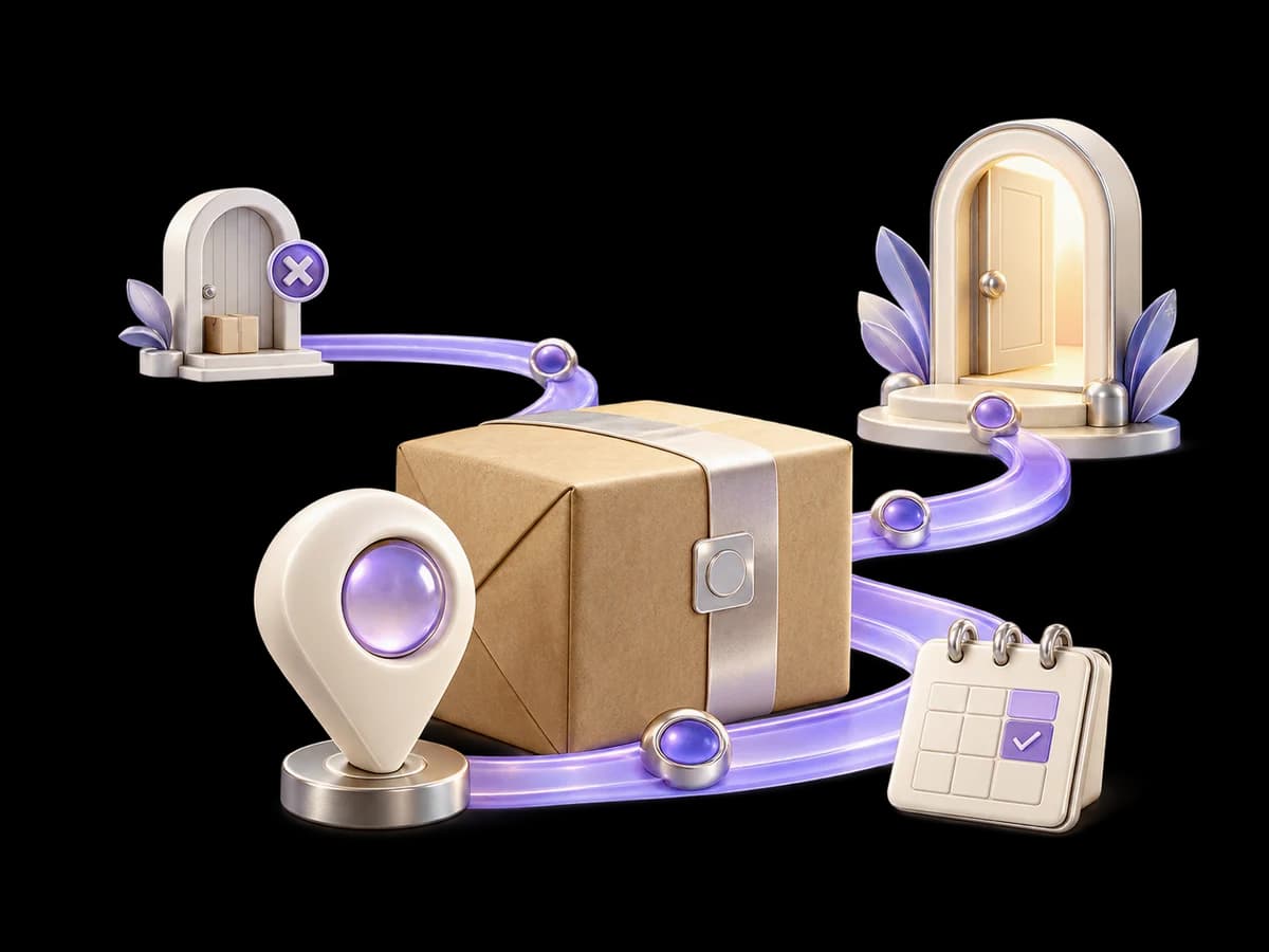Concept illustration of a parcel, delivery pin and lavender route from a missed-delivery gate to an open doorway.