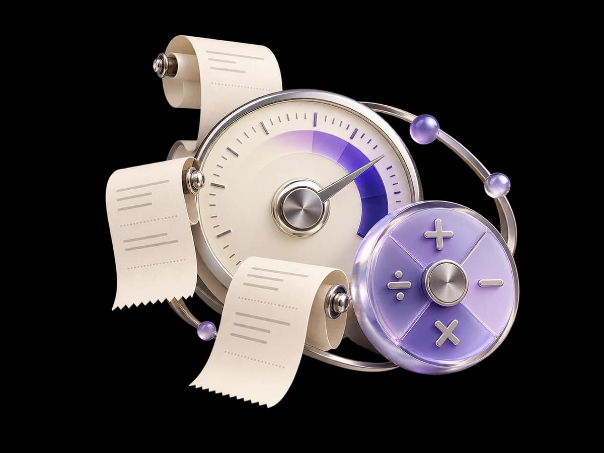 Concept illustration of a usage meter, separate invoice components and a lavender calculating disc.