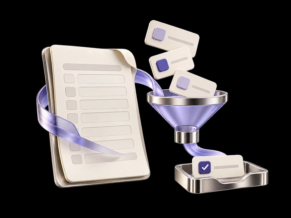 Concept illustration of structured enquiry cards passing through a lavender qualification funnel into a sales handoff tray.