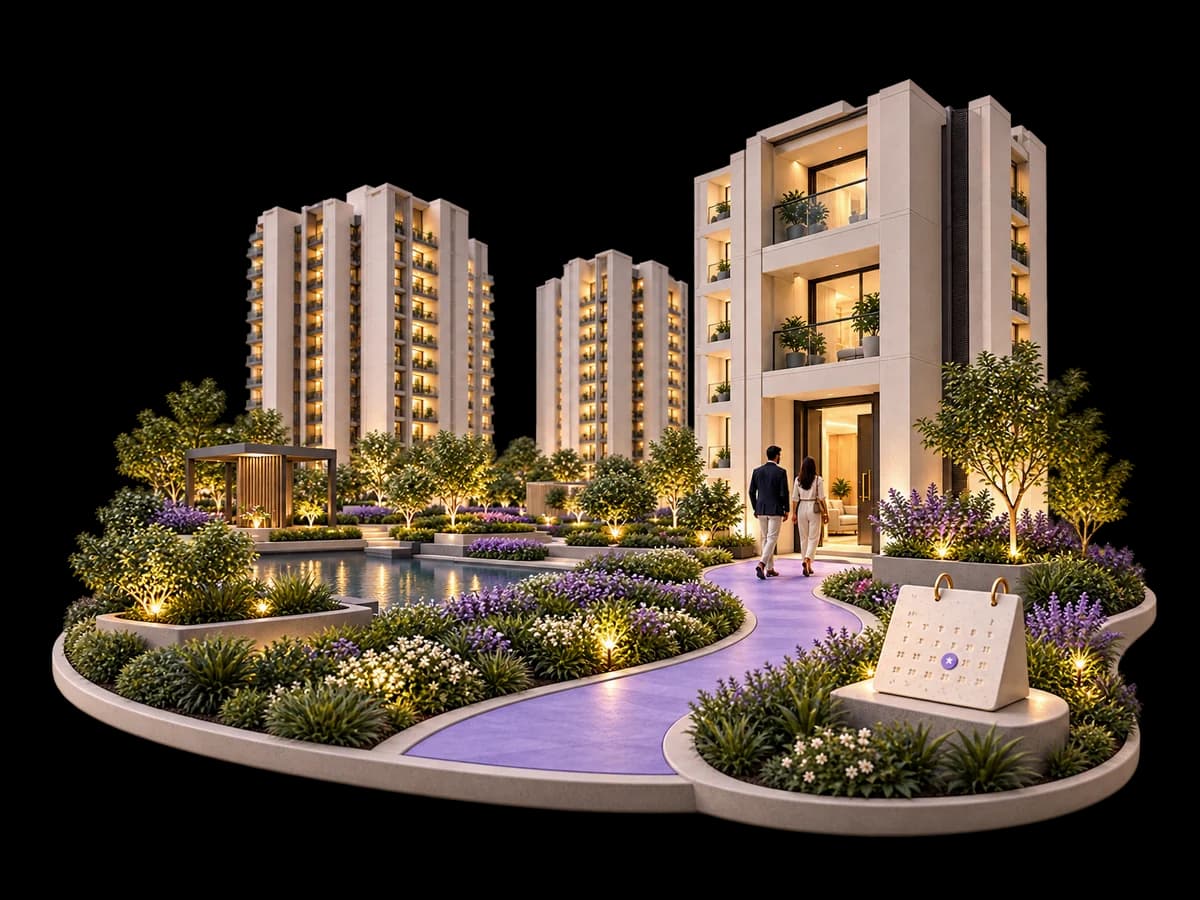 Architectural concept miniature of apartment buildings and a landscaped lavender path leading to a property viewing.