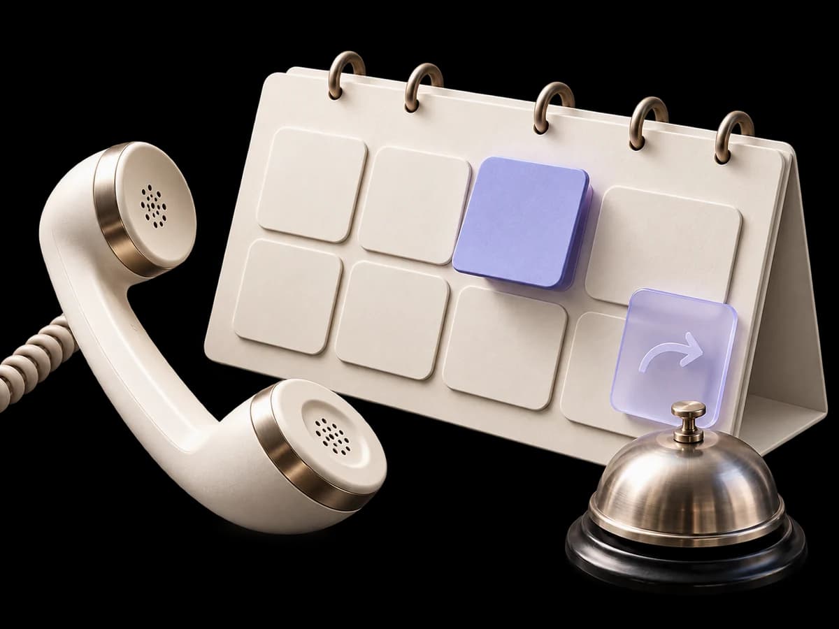 Concept illustration of an appointment calendar, telephone and reminder bell, with a highlighted rescheduling tile.