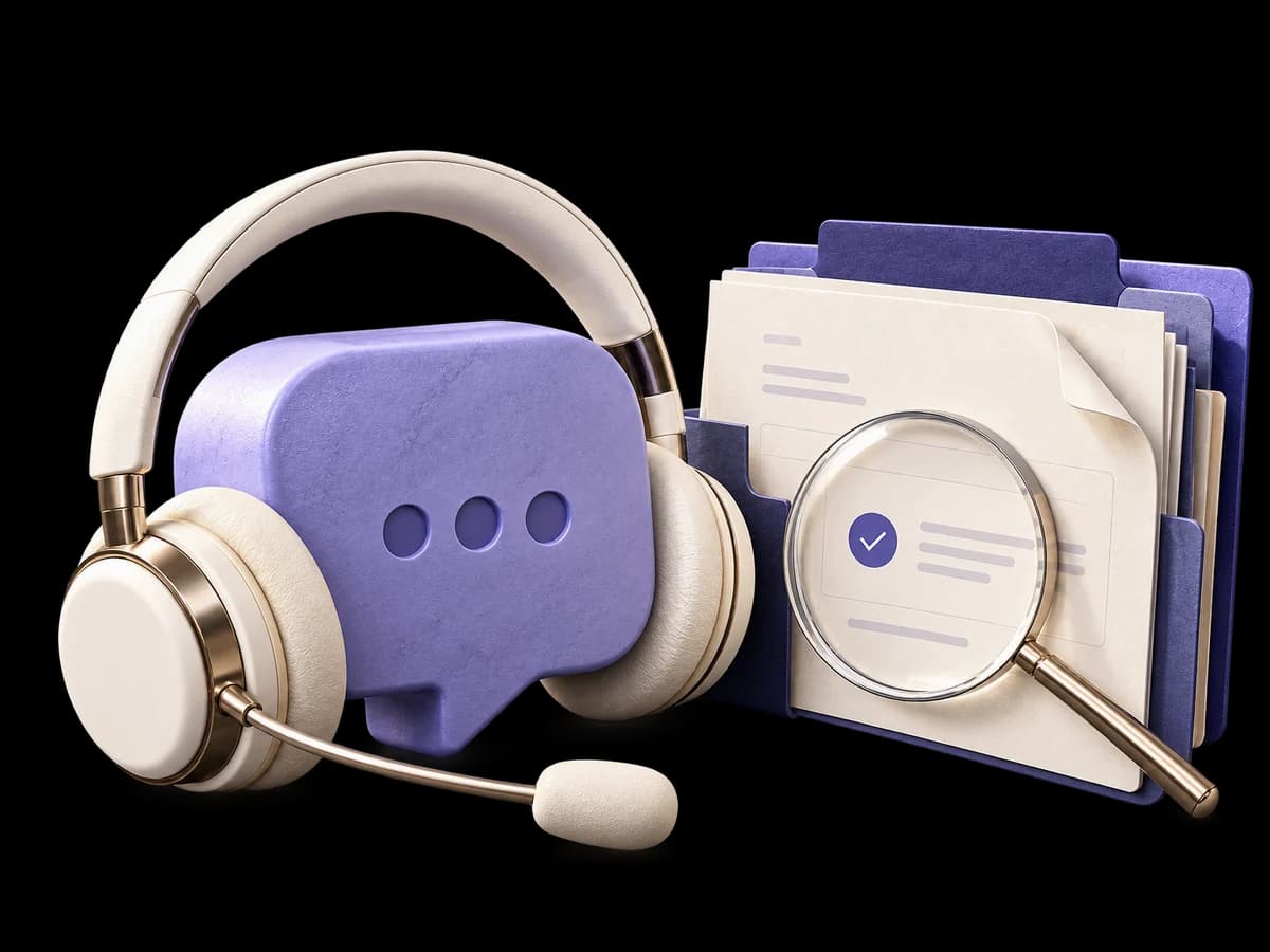 Concept illustration of a customer support headset, service-ticket folders and a magnifying lens over a checked record.