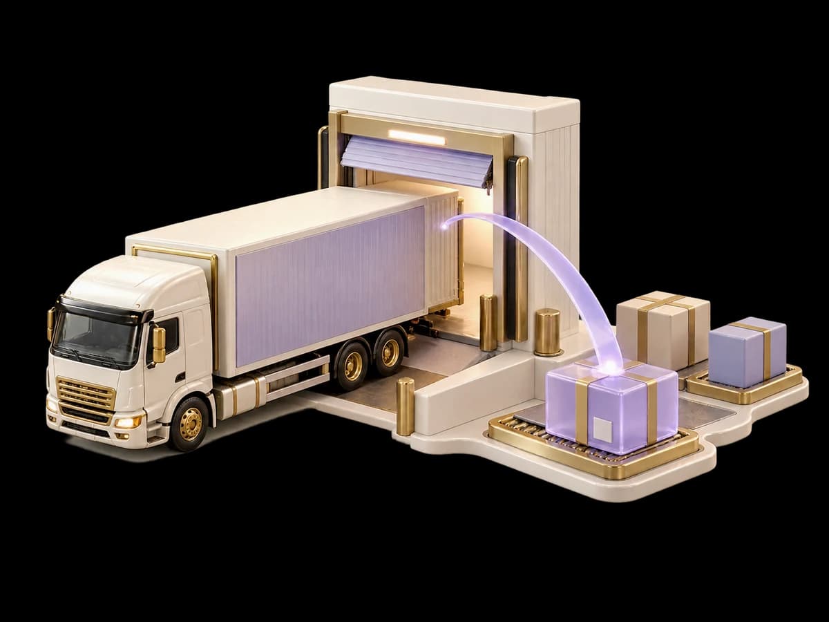 Concept illustration: a miniature ivory freight loading dock with one truck, a raised dock gate and three sorted parcels, a translucent lavender route arch connecting the ready parcel to the dock, architectural model.