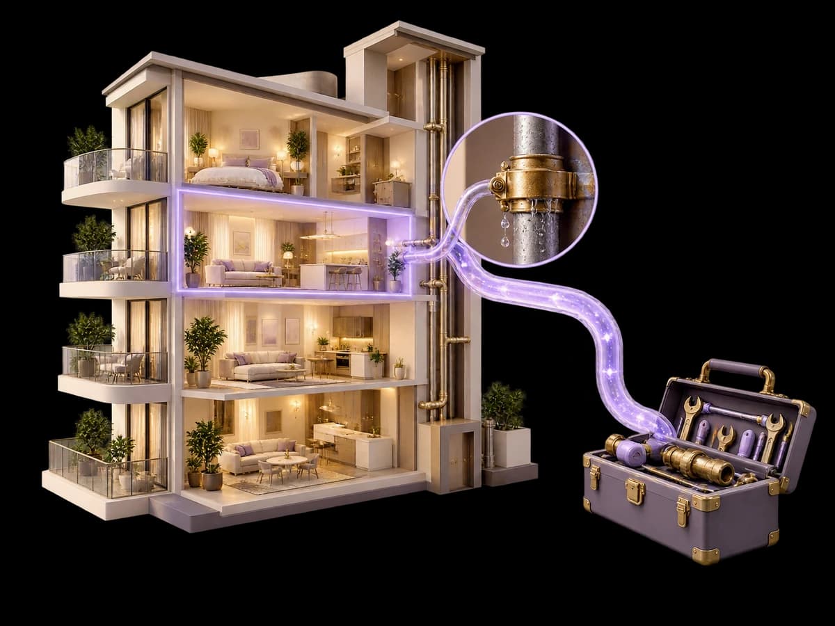 Concept illustration: an architectural apartment building cutaway with one exposed water pipe, a small brass repair tool and a lavender glass path connecting a single unit to a contractor's toolbox.