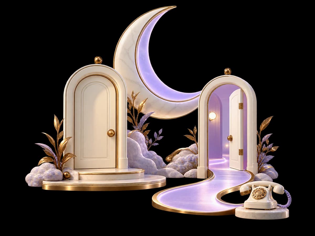 Concept illustration: a sculptural crescent moon above two ivory office doorways, one closed and one connected to a small telephone by a lavender illuminated path, quiet night-service mood.