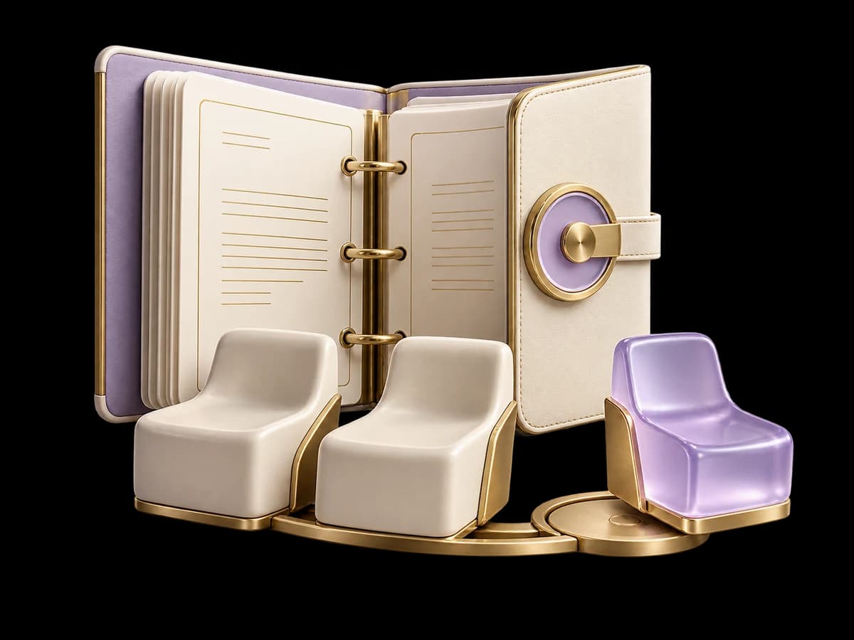 Concept illustration: an elegant ivory contract binder held open beside three individual seat-like sculptural blocks, one removable lavender glass seat, a circular renewal clasp, premium still life.