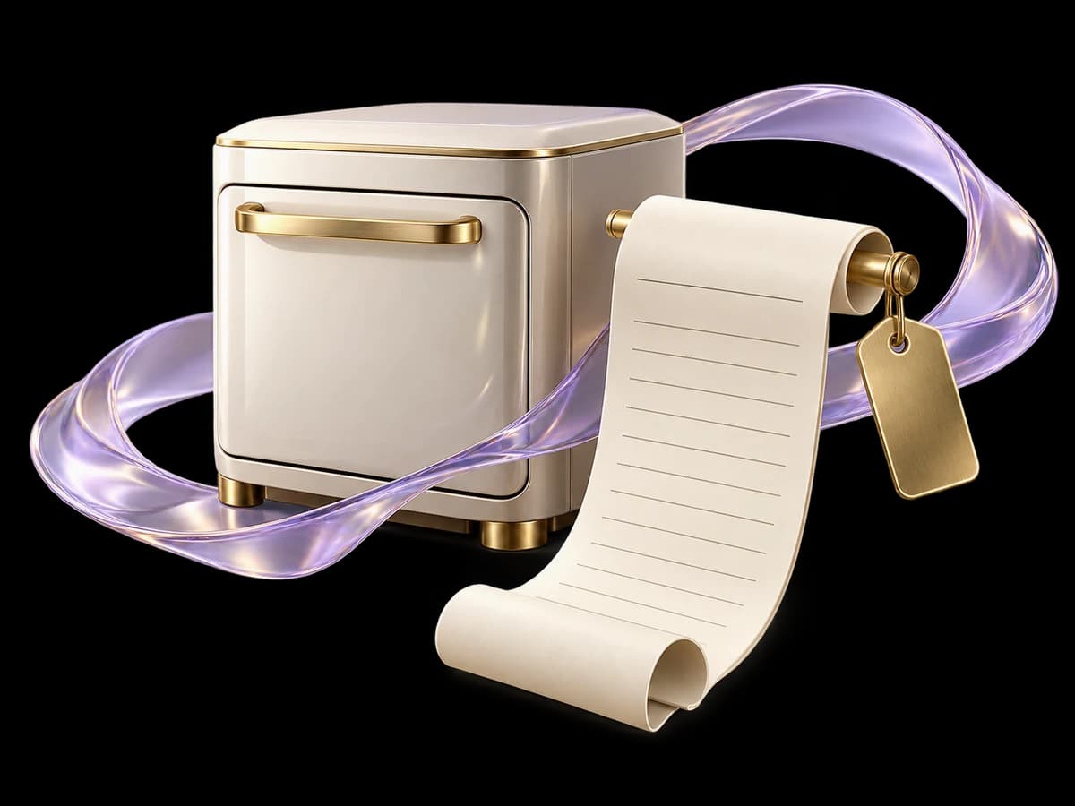 Concept illustration: a premium unbranded household appliance miniature beside an ivory purchase-receipt scroll with blank rules and a removable brass serial tag, lavender glass service route.