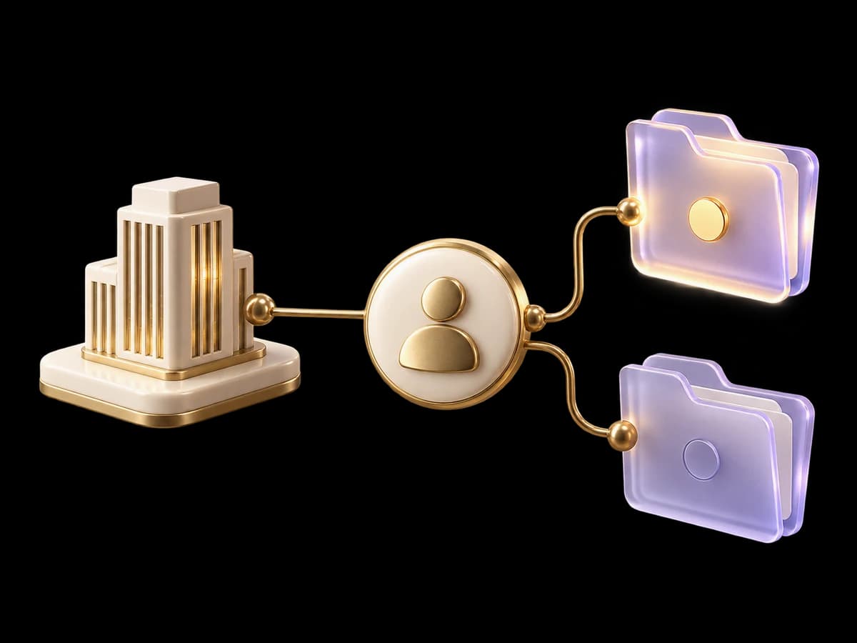 Concept illustration: one ivory central contact medallion linked by fine brass rods to an ivory company tower and two separate lilac glass deal folders, only one folder illuminated, account association concept.