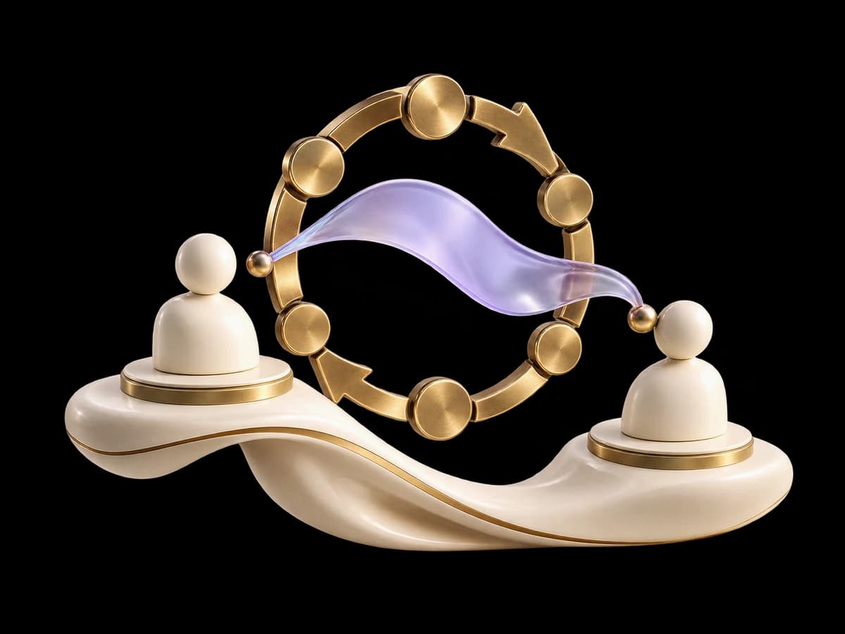 Concept illustration: an ivory contact sculpture with a separate brass lifecycle ring, a lilac glass follow-up flag moves between two small ivory owner pedestals.