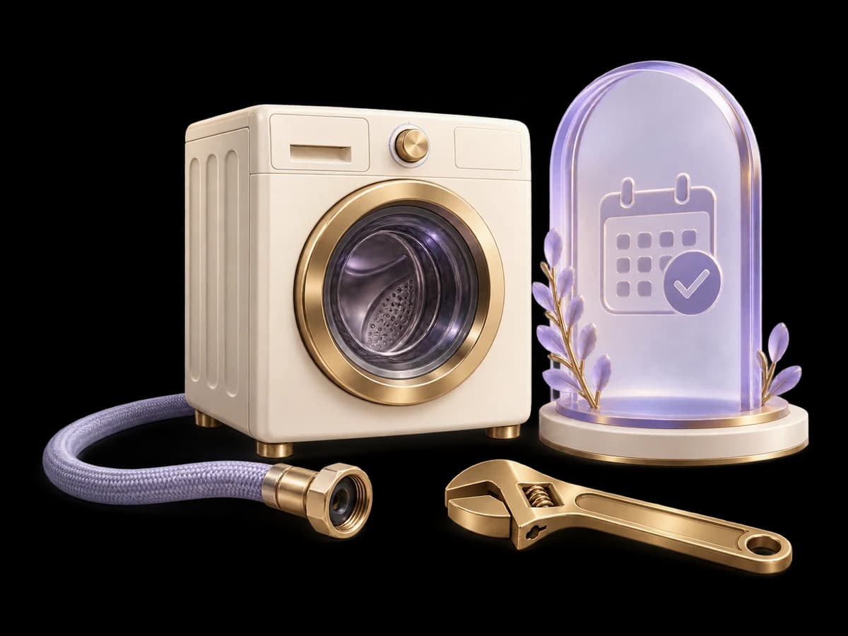 Concept illustration: a miniature ivory washing machine beside an unconnected water hose, a brass installation wrench and a lilac glass appointment arch, clear prerequisite-versus-ready installation concept.