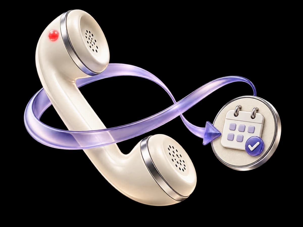 Concept illustration of an ivory telephone handset and a lavender return-call loop ending at a callback appointment token.