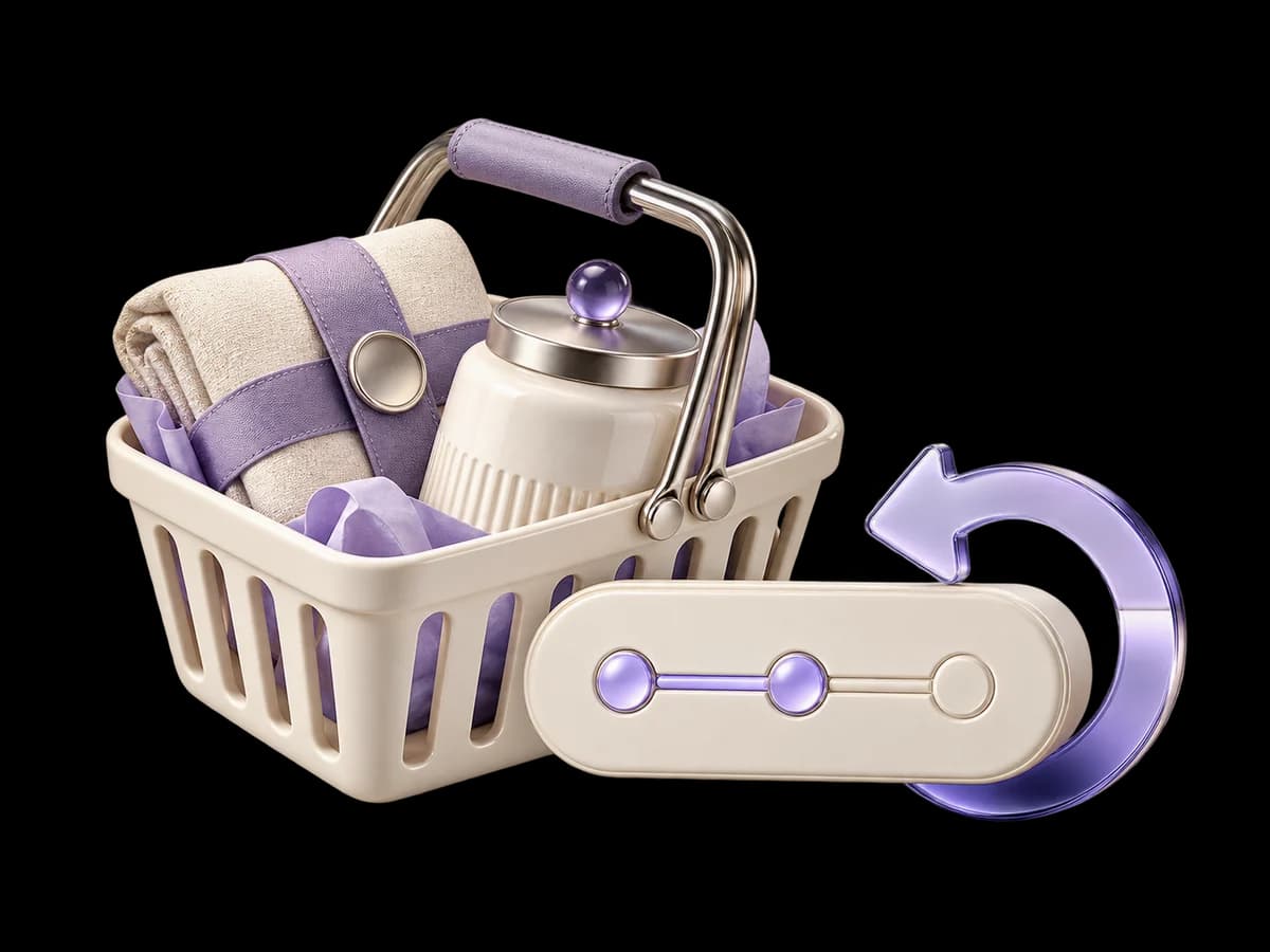Concept illustration of an ivory shopping basket, product parcel and incomplete checkout ring with a lavender return arrow.