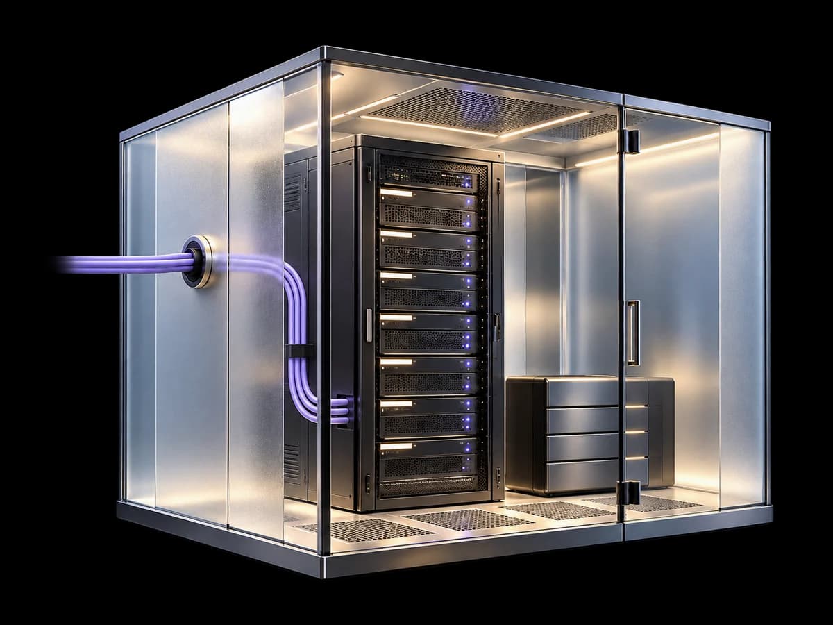 Concept illustration of a server rack and local storage inside a glass deployment boundary with a documented external cable path.